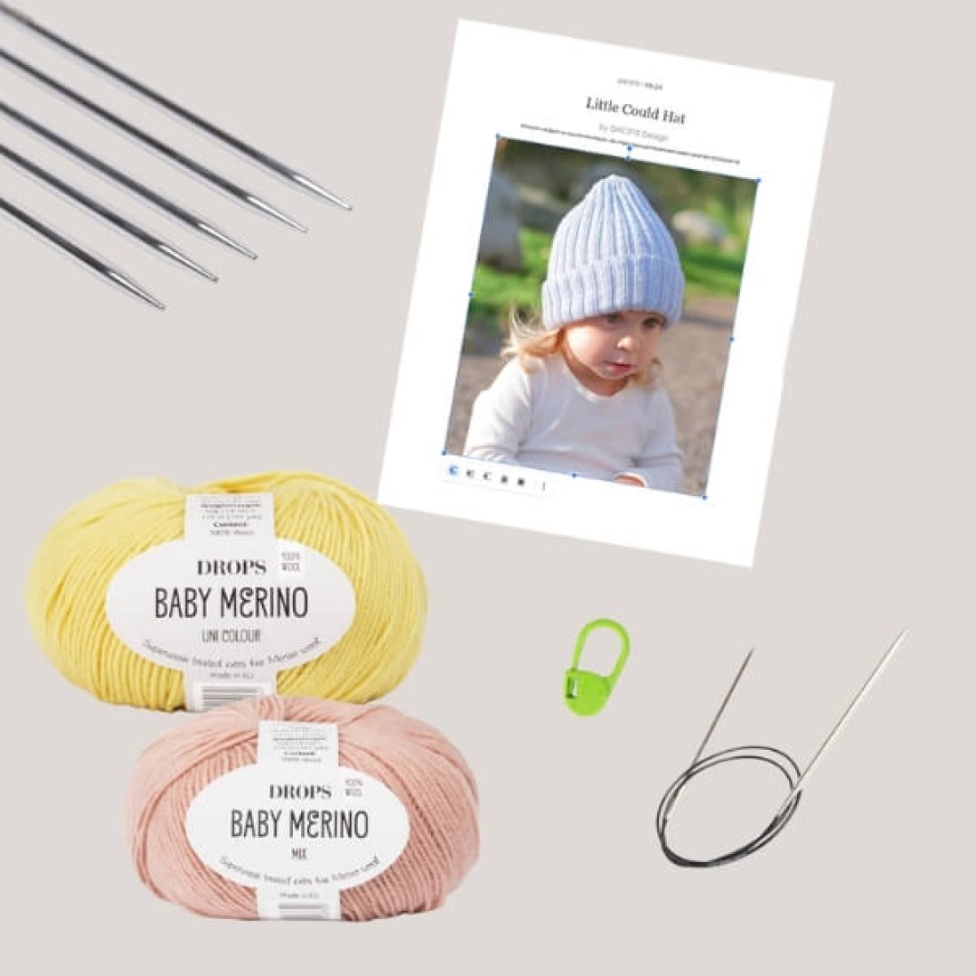 Κιτ πλεξίματος παιδικού σκουφιού “Little Cloud Hat” με Baby Merino, βελόνες, ποντοδείκτη και μεταφρασμένο πατρόν.